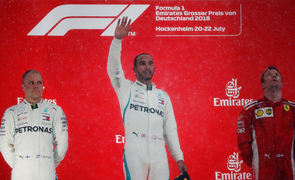 Bottas, Hamilton e Raikkonen no pÃ³dio em Hockenheim (Foto: Reuters)