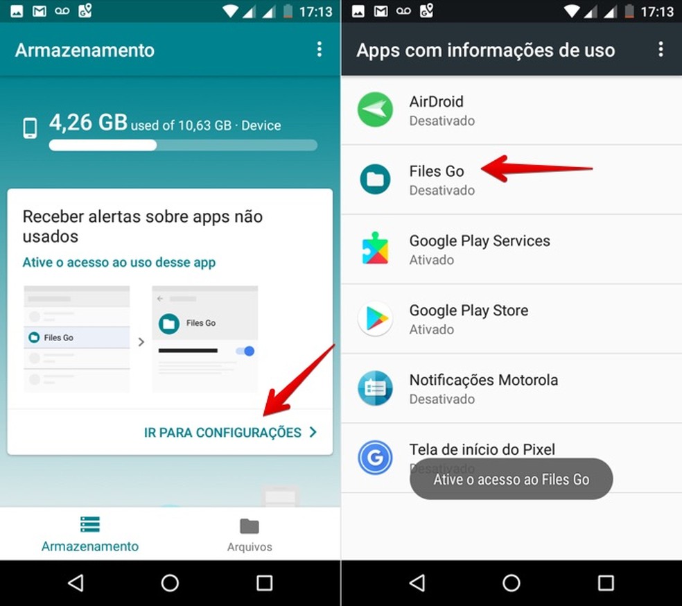 Toque sobre o botão indicado para ir às configurações no Files Go (Foto: Reprodução/Helito Bijora)