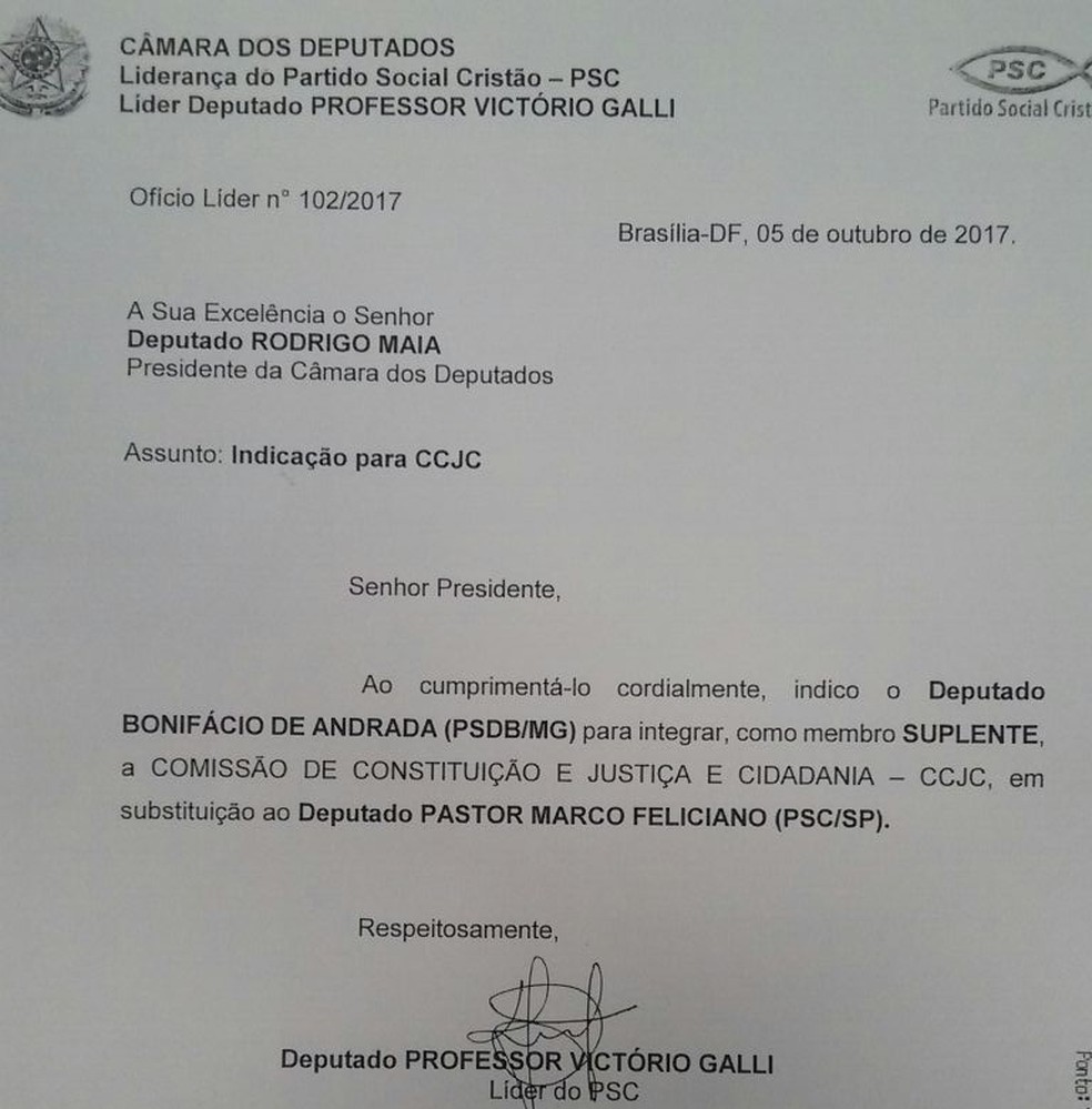 Carta enviada pelo PSC à presidência da Câmara cedendo a vaga de Marco Feliciano para Bonifácio de Andrada (Foto: Reprodução)