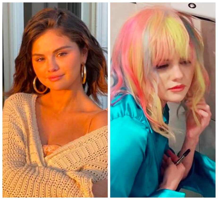 A cantora Selena Gomez com os cabelos multicoloridos