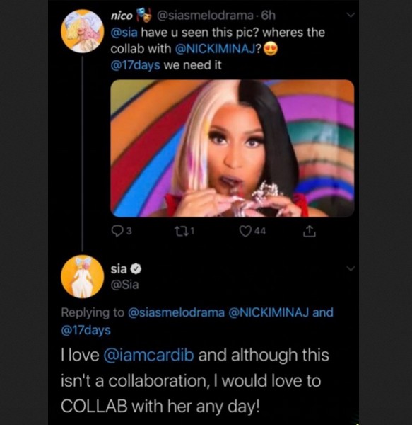A gafe cometida pela cantora Sia confundindo Nicki Minaj e Cardi B (Foto: Twitter)
