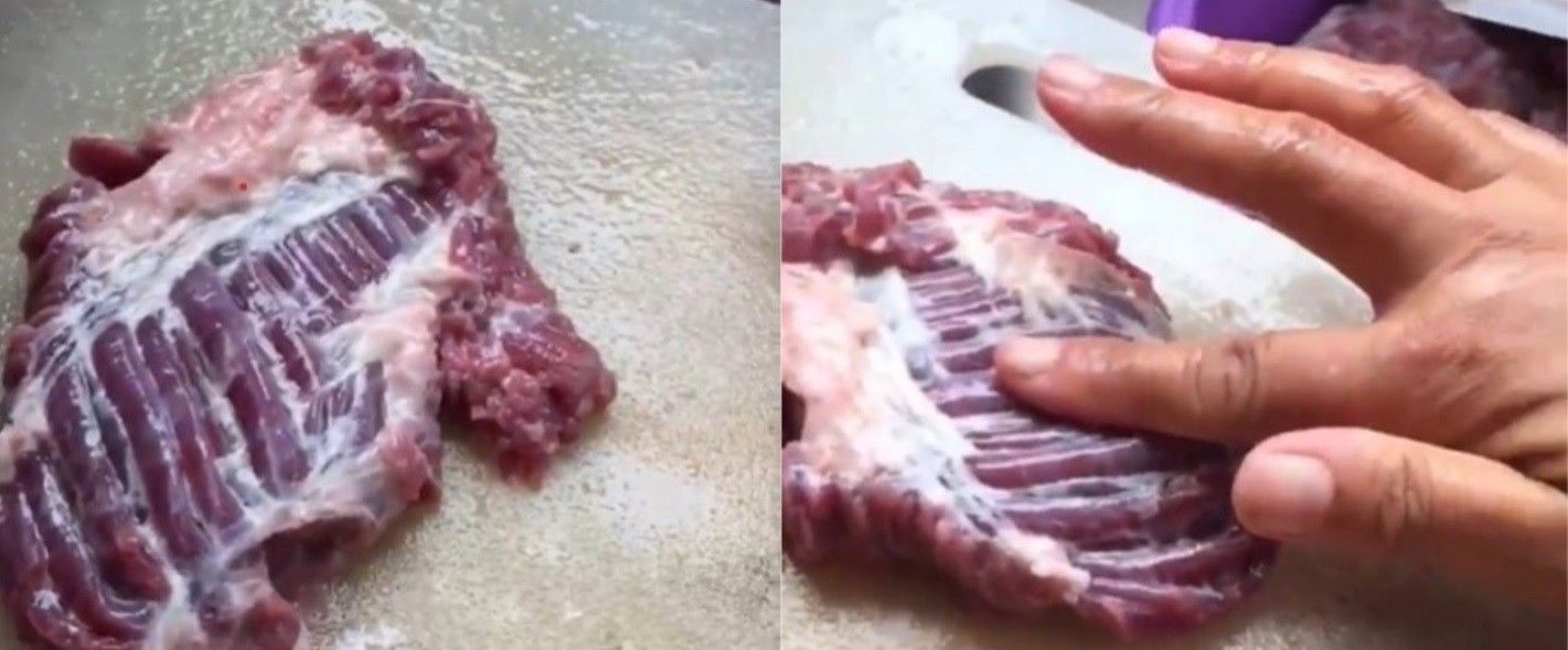 Mulher filma pedaço de carne crua se mexendo na tábua (Foto:  reprodução/twitter)