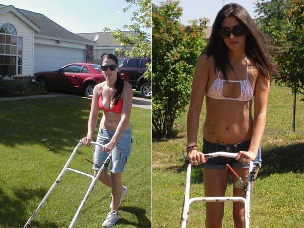 Fotos do site da empresa Bikini mowing mostra mulheres cortando grama usando biquínis (Foto: Divulgação)