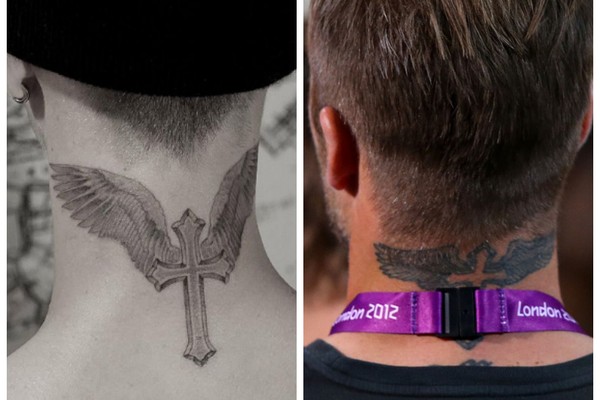 As tatuagens idênticas nas nucas de Romeo Beckham e David Beckham (Foto: Instagram/Getty Images)
