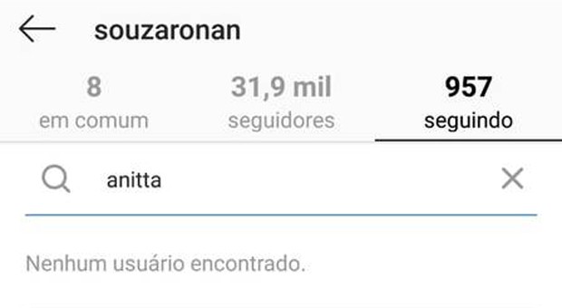 Ronan Souza deu unfollow em Anitta após término (Foto: Reprodução/Instagram)