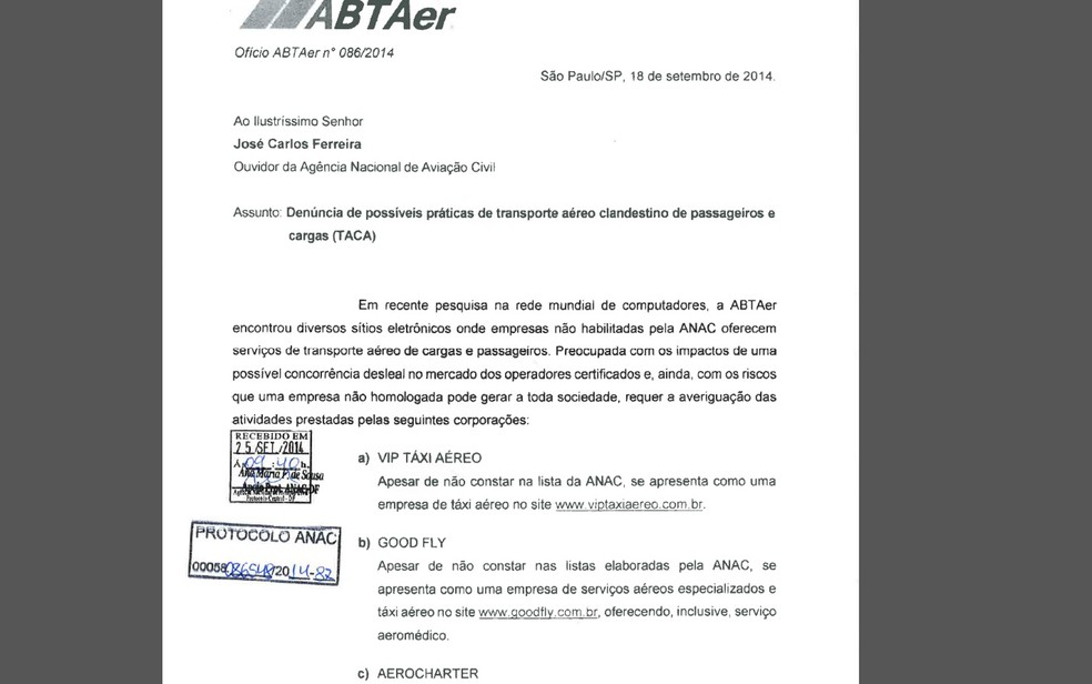 Denúncia da Abtaer de 2014 relatava à Anac empresas que estariam fazendo táxi aéreo irregular (Foto: Abtaer/divulgação)