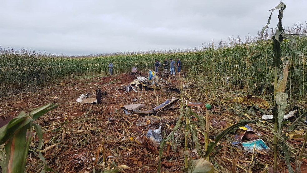 Dois pilotos morreram neste domingo (14) após a queda de um avião de pequeno porte em uma plantação de milho em uma fazenda em Tangará da Serra — Foto: Diário da Serra
