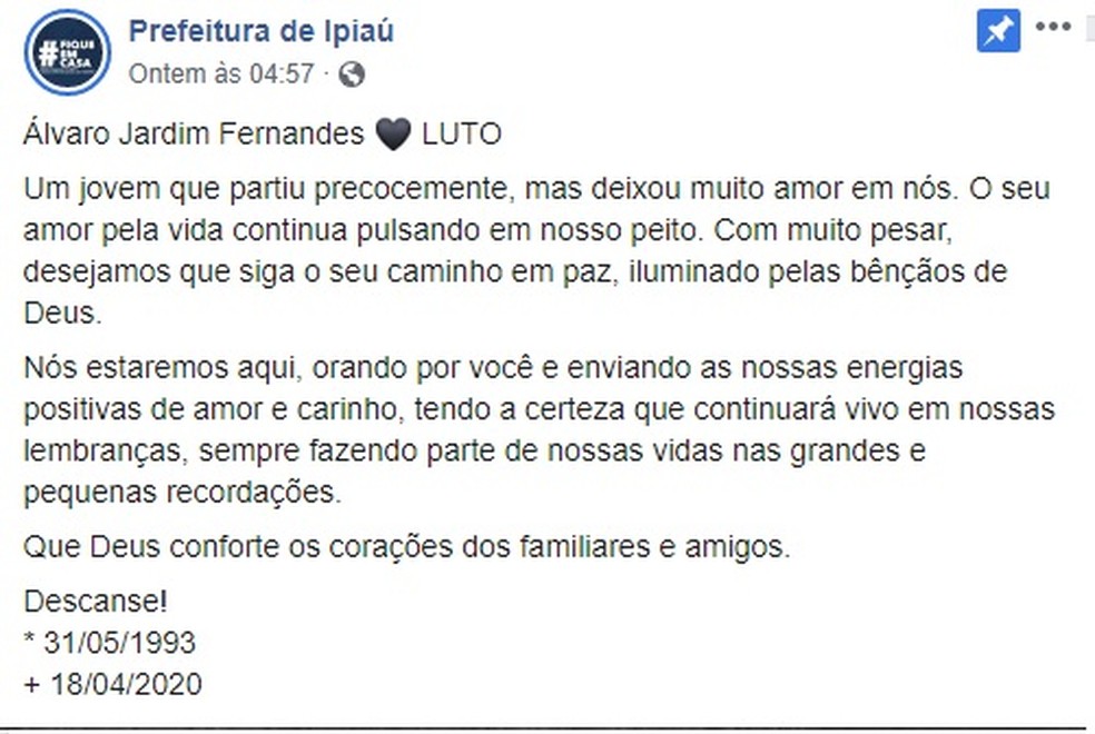 Prefeitura de Ipiaú divulgou nota lamentando morte de Álvaro — Foto: Reprodução