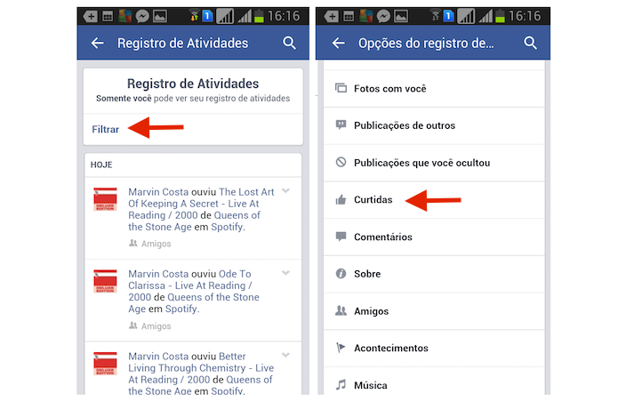 Utilizando o filtro do Registro de Atividades para encontrar curtidas em publicações do Facebook pelo Android (Foto: Reprodução/Marvin Costa)