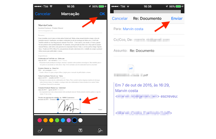 Inserindo uma assinatura em um documento PDF recebido no Mail do iOS 9 pelo iPhone (Foto: Reprodução/Marvin Costa)