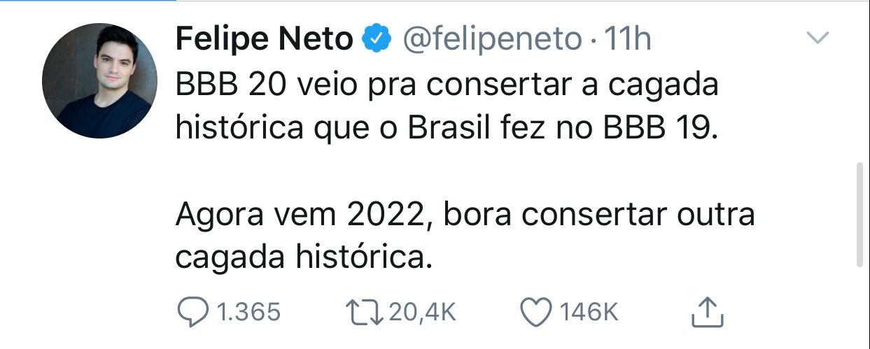 Felipe Neto faz declarações sobre o BBB no Twitter (Foto: Reprodução/Instagram e Twitter)