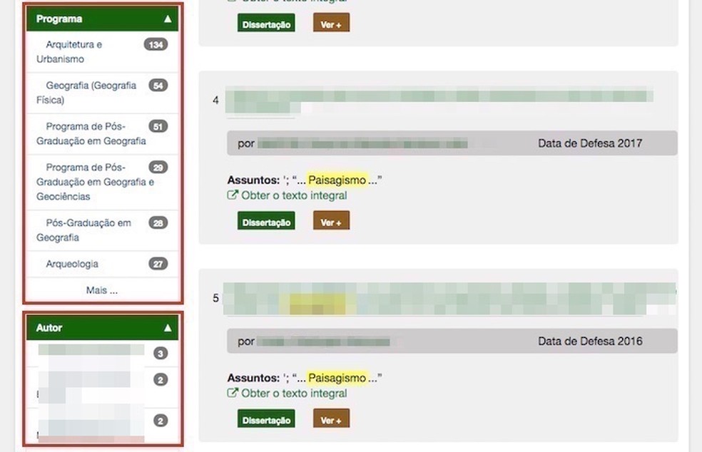 Ação para usar os filtros para programas e autores na busca por textos da Biblioteca de Teses e Dissertações — Foto: Reprodução/Marvin Costa