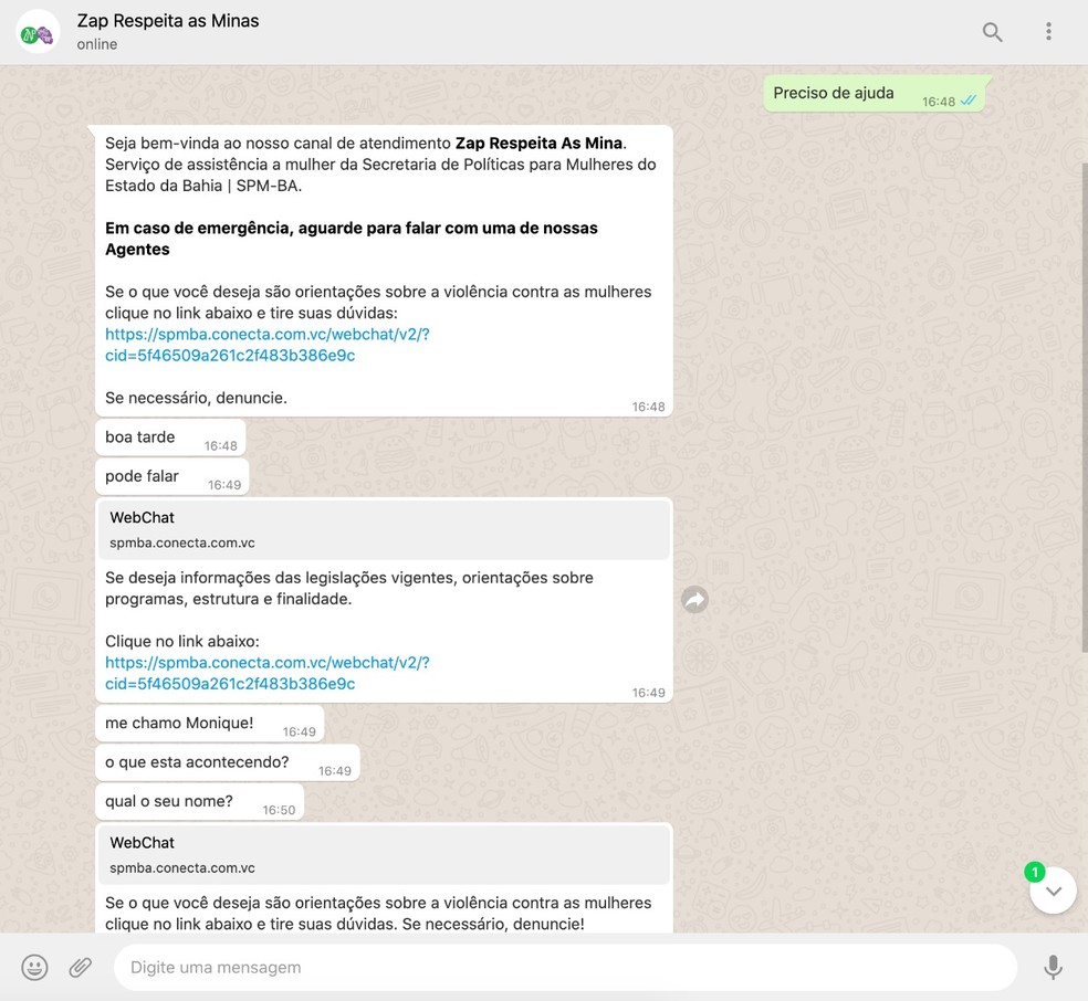 Atendentes virtuais auxiliam vítimas de violência doméstica pelo whattsapp — Foto: Reprodução