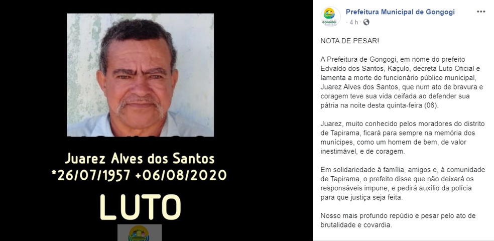 Prefeitura lamentou a morte do funcionário público Juarez Alves dos Santos — Foto: Reprodução/Redes sociais