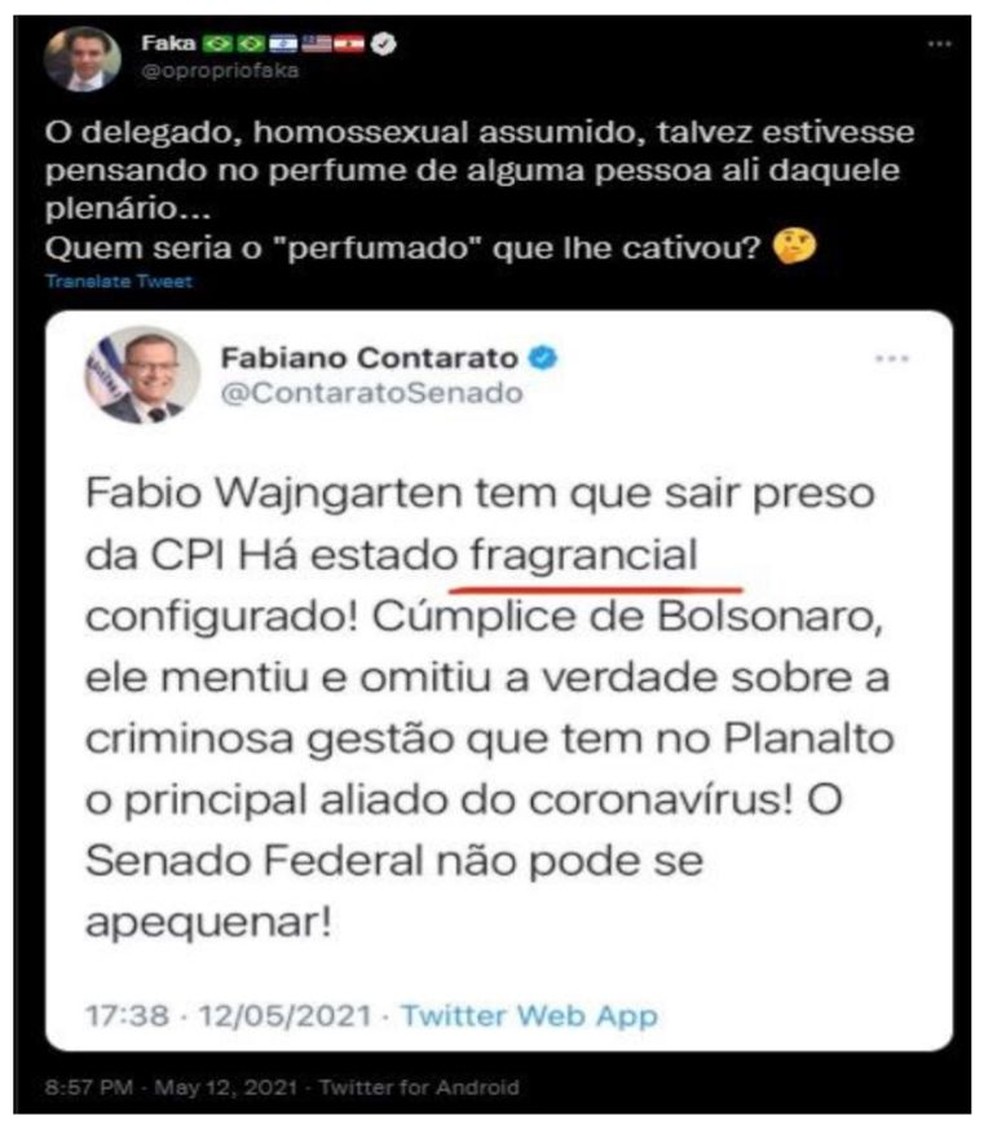 Publicação do senador Fabiano Contarato, e resposta do empresário Otávio Oscar Fakhoury, no Twitter — Foto: Twitter/Reprodução