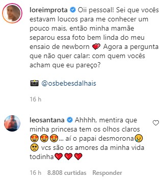 Leo Santana comenta primeira foto do rosto da filha, Liz, publicada por Lore Improta (Foto: Reprodução/Instagram)