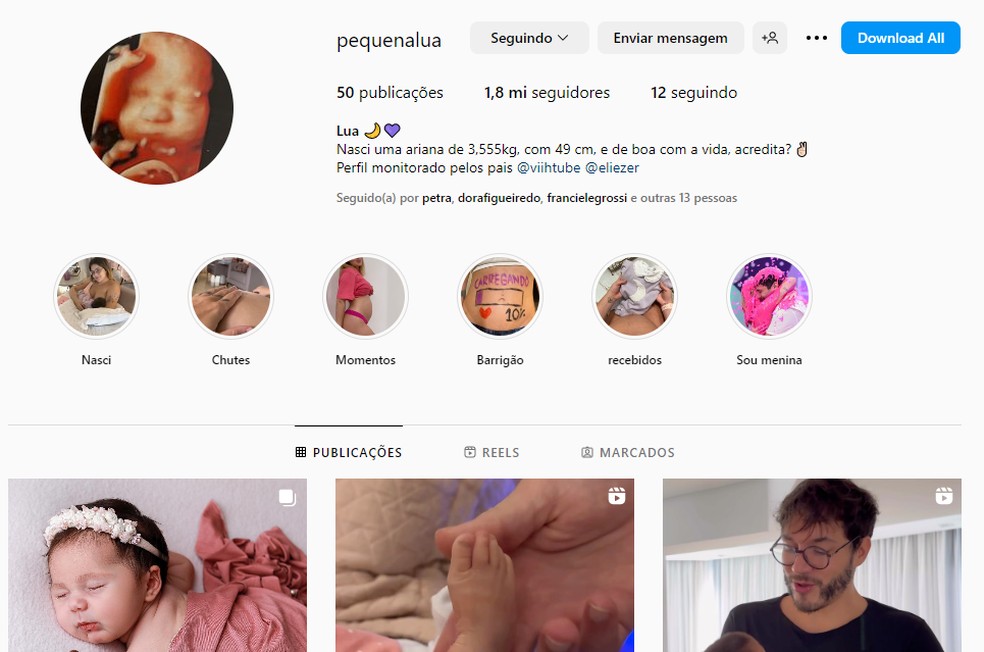 Perfil de Lua nas redes sociais já acumula quase dois milhões de seguidores — Foto: Reprodução/instagram