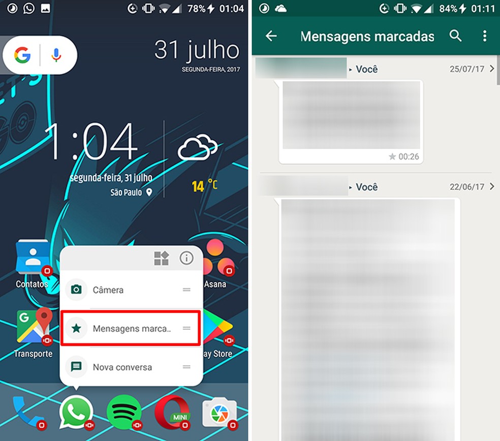Atalho no ícone do WhatsApp leva usuário para mensagens marcadas (Foto: Reprodução/Elson de Souza)