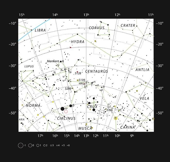 Mapa mostra a localização da estrela mais próxima do Sistema Solar, Proxima Centauri, marcada com um círculo vermelho  (Foto: ESO/IAU and Sky & Telescope)