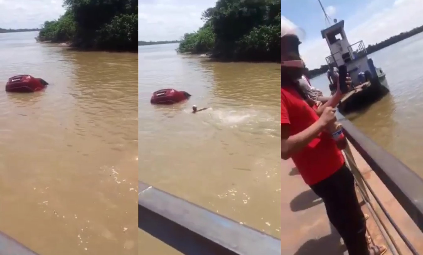 Motorista perde controle ao embarcar em balsa e carro afunda em rio em Boa Vista
