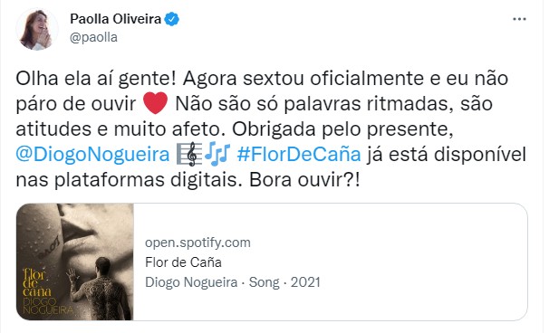 Paolla Oliveira fala sobre música Flor de Canaã, de Diogo Nogueira (Foto: Reprodução / Twitter)
