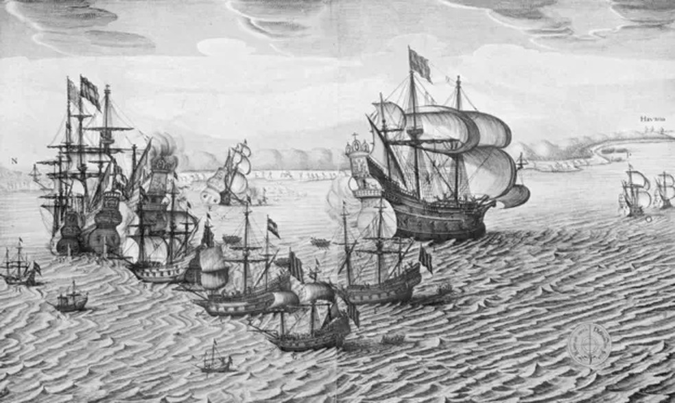 Captura de uma frota espanhola carregada de prata por um esquadrão de 24 navios da Companhia Holandesa das Índias Ocidentais em Havana (Cuba), em 1628 — Foto: Getty Images via BBC