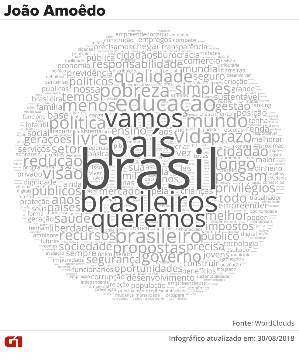 Nuvem de palavras do plano de governo de João Amoêdo (Novo) (Foto: Alexandre Mauro e Juliane Souza/G1)