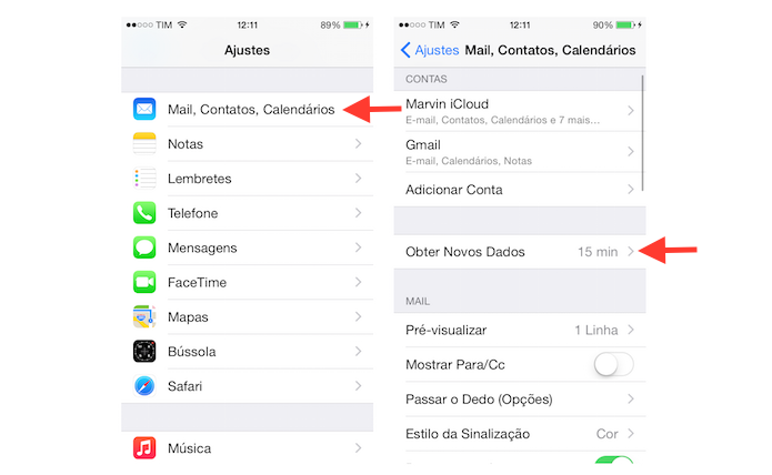 Acessando as configurações de dados do Mail no iOS (Foto: Reprodução/Marvin Costa)