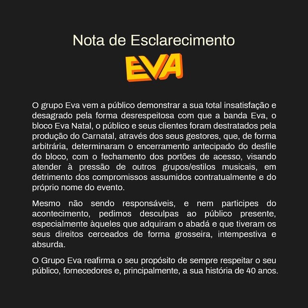 Comunicado da banda Eva (Foto: Reprodução/Instagram)
