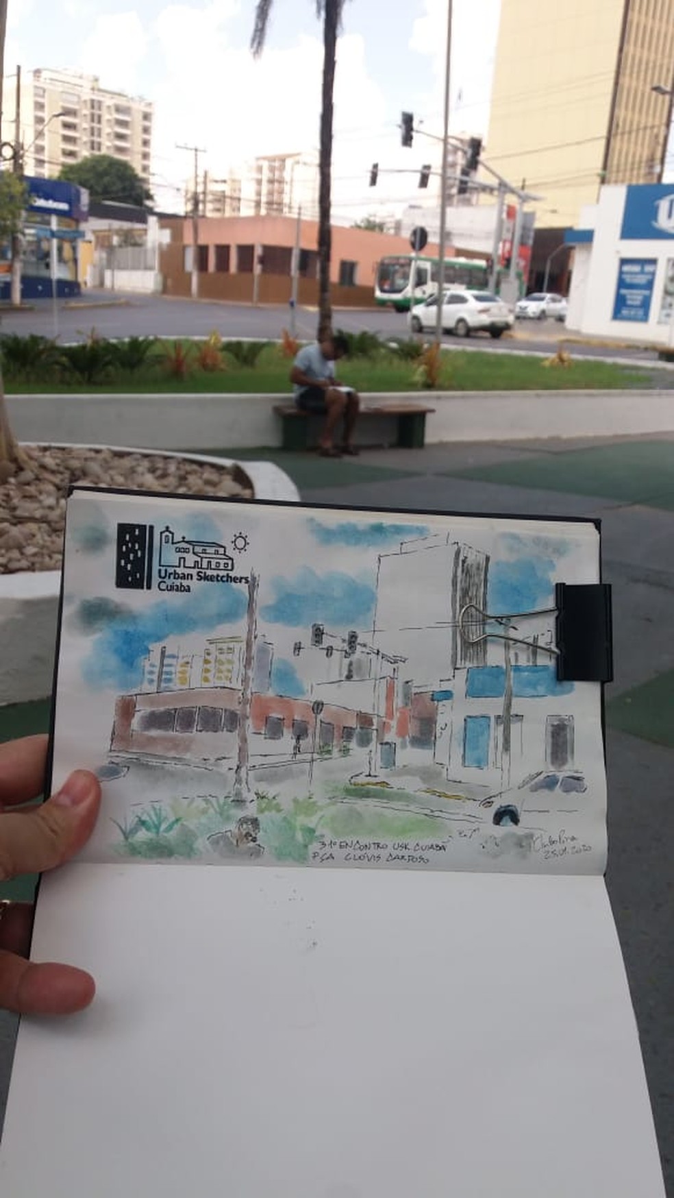 Esquina da Praça Clóvis Cardoso em Cuiabá é retratada em desenho — Foto: Carlos Pina/Arquivo pessoal