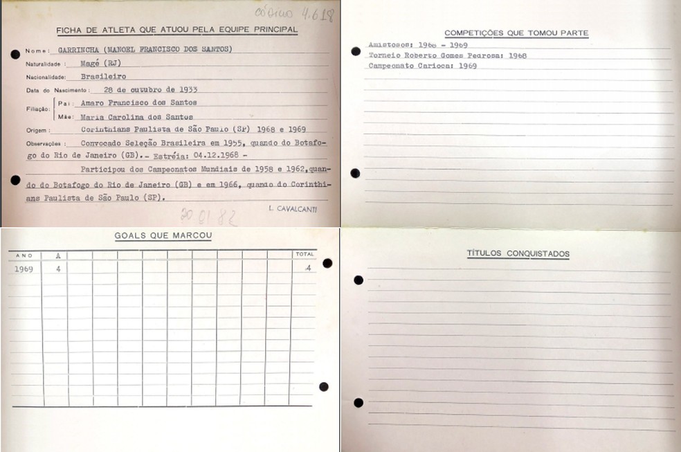 Ficha de Garrincha no Flamengo — Foto: Reprodução