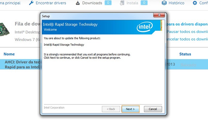 Comece a instalação do driver Intel