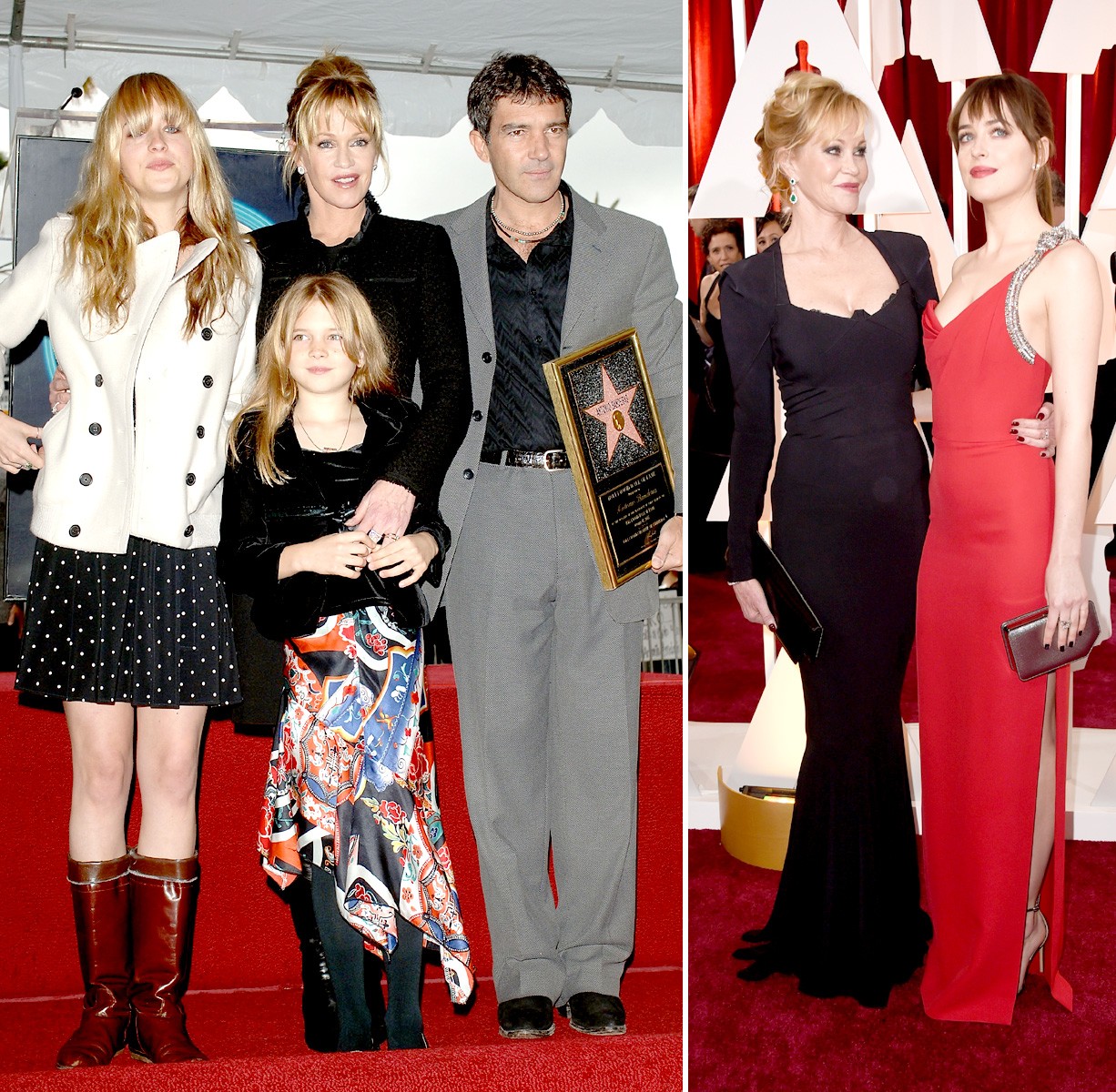 Em família: com os pais famosos no começo da carreira e com a mãe no tapete vermelho do Oscar (Foto: Getty Images)