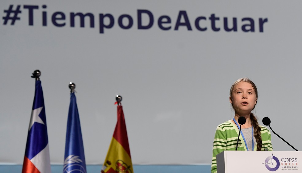 A ativista Greta Thunberg discursa na conferência da ONU sobre o clima, a COP 25, em 11 de dezembro de 2019 — Foto: Cristina Quicler/AFP
