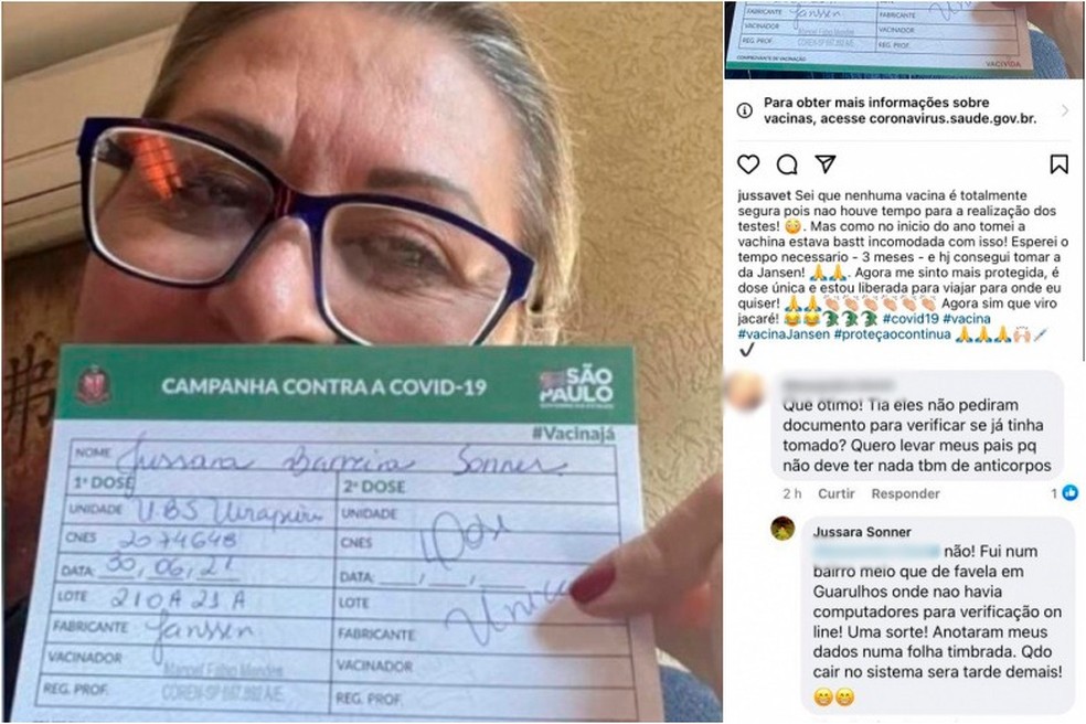 Jussara publicou o comprovante das três doses nas redes sociais. — Foto: Reprodução/ Redes Sociais
