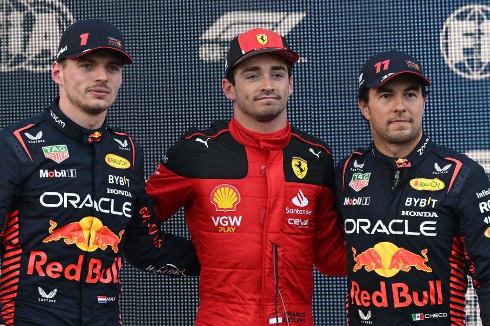 Max Verstappen, Charles Leclerc e Carlos Sainz: top 3 no grid do domingo no GP do Azerbaijão da F1 em 2023 — Foto:  NATALIA KOLESNIKOVA/AFP via Getty Images