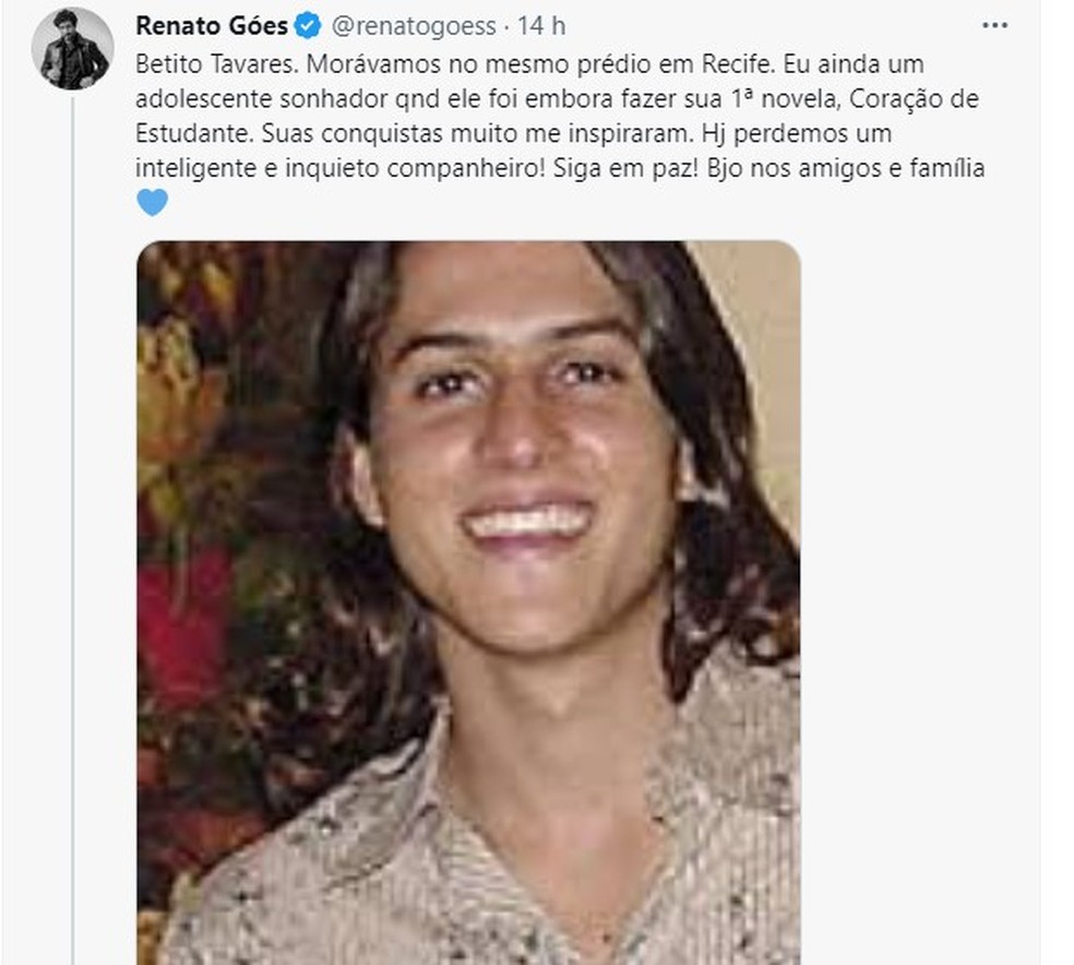 Renato Goés lamenta a morte de Betito Tavares — Foto: Reprodução/Twitter