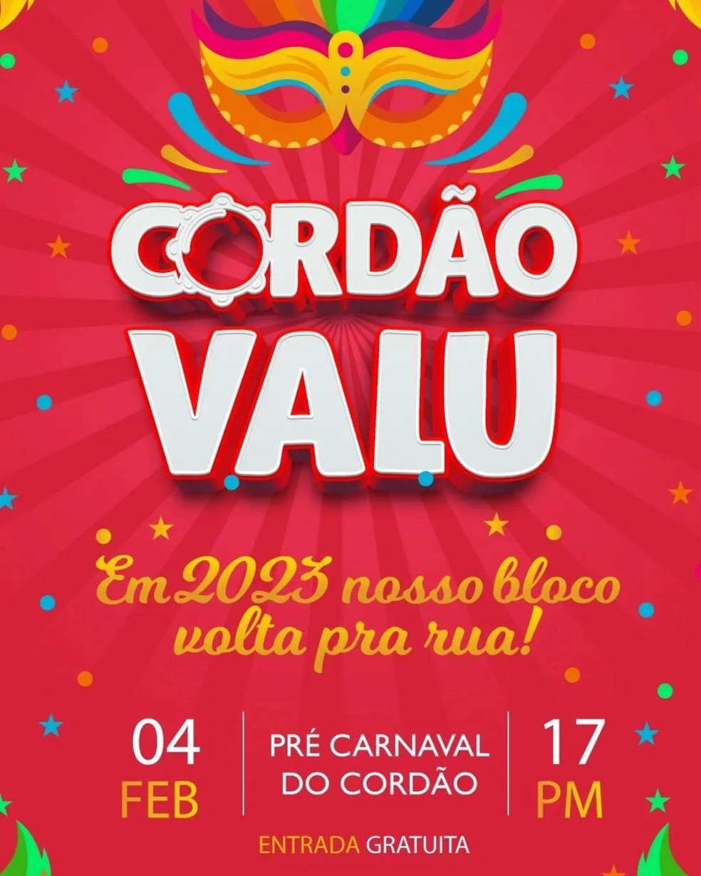 Cordão Valu vai esquentar o fim de semana.  — Foto: Redes sociais/Reprodução