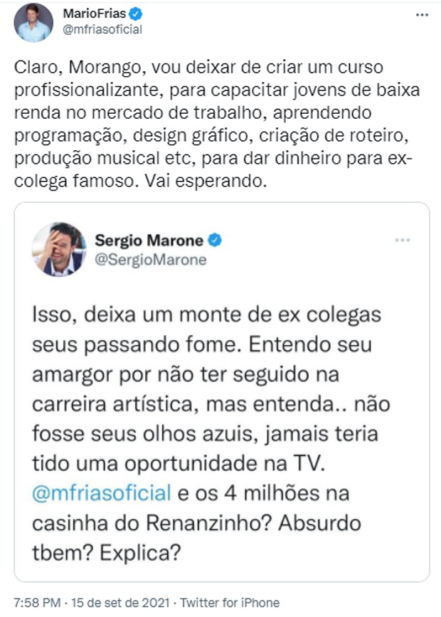 Mario Frias rebate Sergio Marone após alfinetada do secretário, que criticou projeto de lei Paulo Gustavo (Foto: Reprodução/Twitter)