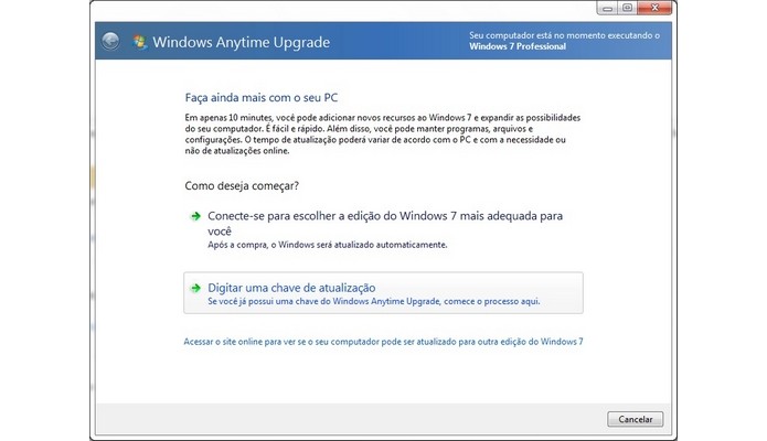 Janela do Windows Anytime Upgrade (Foto: Reprodução/Raquel Freire)