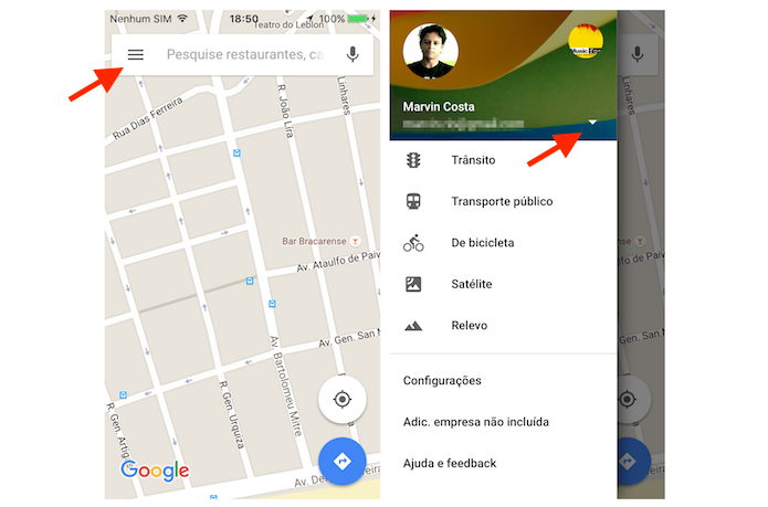 Acessando as opções da barra lateral do Google Maps para ativar o modo anômimo no iPhone (Foto: Reprodução/Marvin Costa)