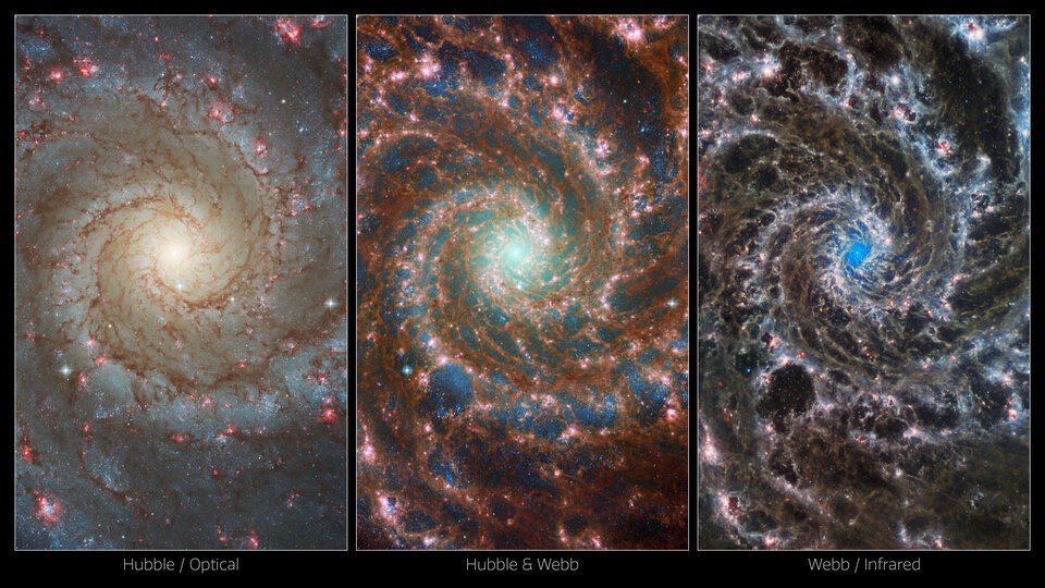 Imagens capturadas de diferentes telescópios. Na extrema esquerda, é a imagem do Telescópio Hubble. No centro, é a combinação dos dados do  Hubble com o Webb e na extrema direita, é somente do Webb (Foto: ESA E Nasa)