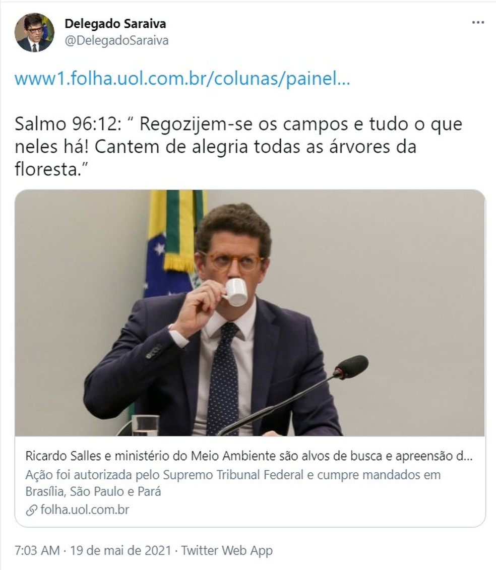 Alexandre Saraiva, delegado da Polícia Federal, faz publicação sobre operação da PF que mira o ministro Ricardo Salles, do Meio Ambiente — Foto: Reprodução/Redes Sociais