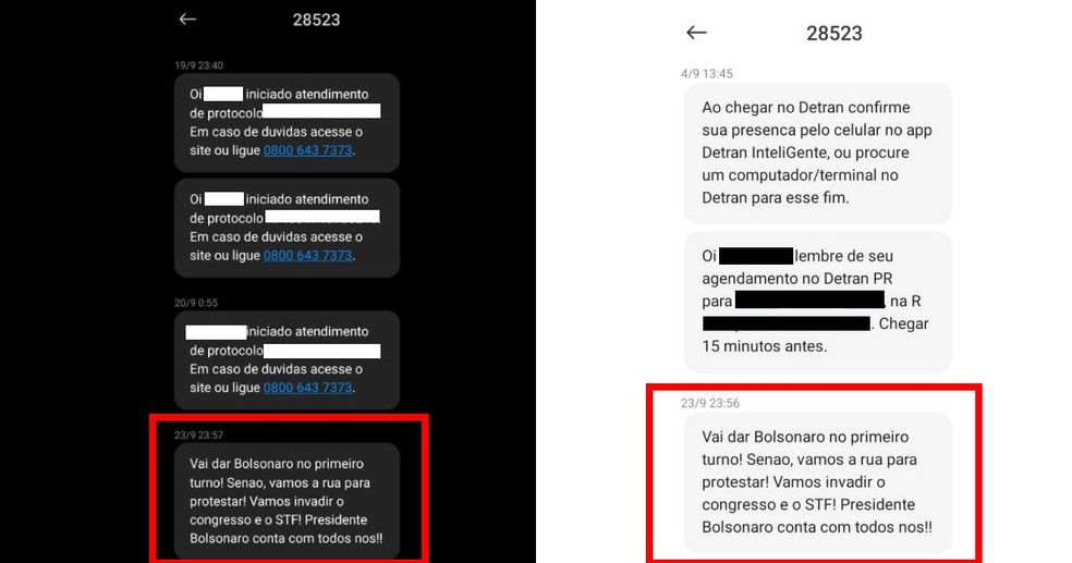 Usuários recebem SMS de inteligência artificial do Governo do Paraná com apoio a Bolsonaro e ameaça ao STF — Foto: Reprodução/Fotos Cedidas