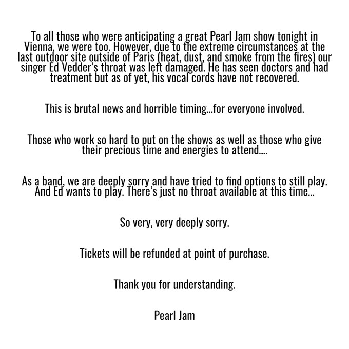 Pearl Jam cancela show após vocalista Eddie Vedder perder voz por causa de incêndios na Europa (Foto: Reprodução/Twitter)
