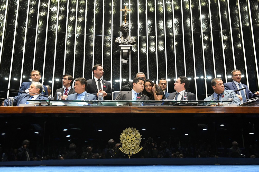 Mesa do Senado durante a votação em primeiro turno da reforma da Previdência — Foto: Roque de Sá / Agência Senado
