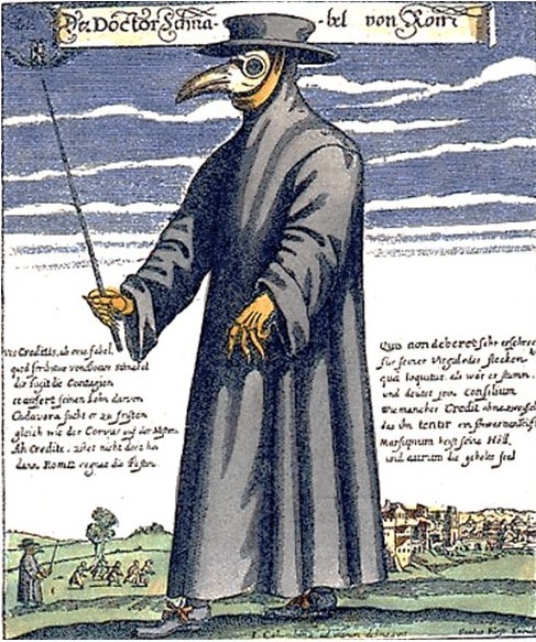 Durante a peste negra no século 14, os médicos se paramentavam com luvas, longos jalecos negros, máscara em bico de ave, e uma vara para manter a distância e evitar o contágio