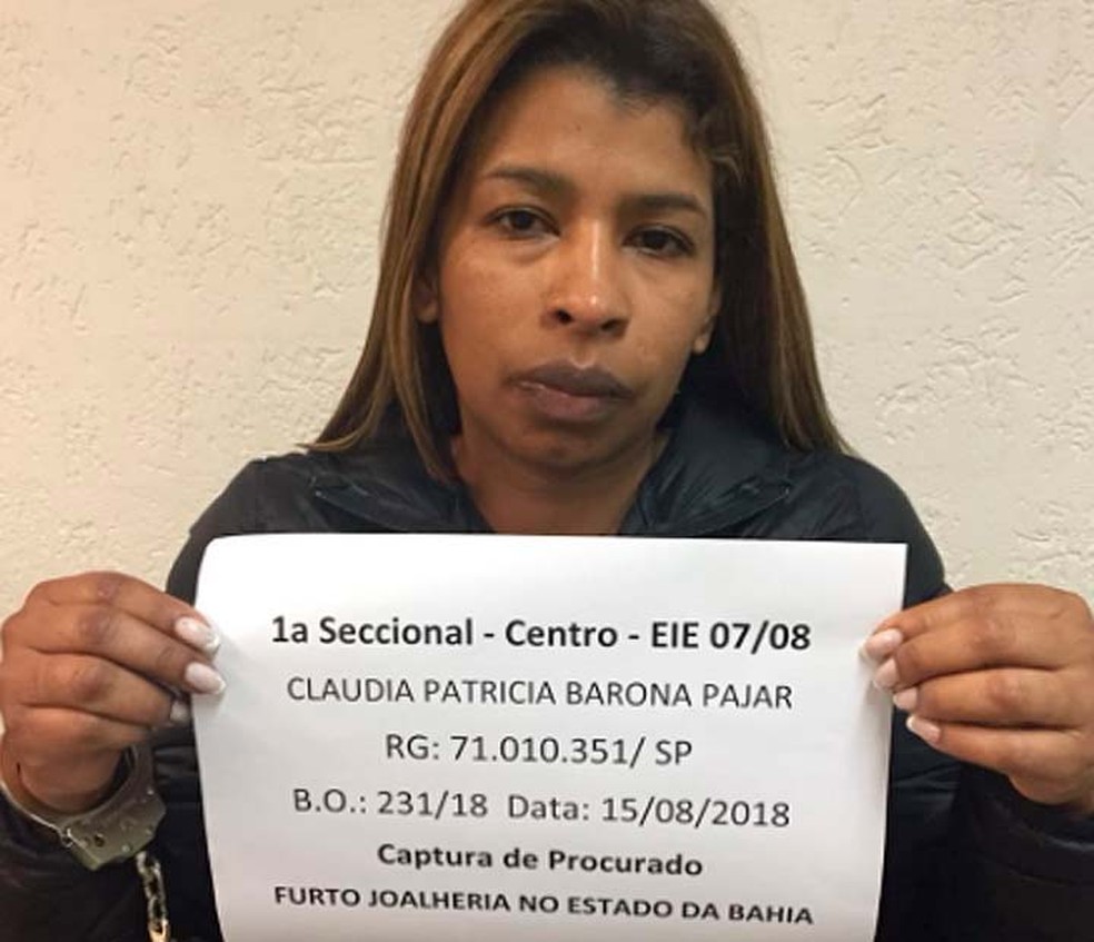 ClÃ¡udia PatrÃ­cia Pajar, colombiana presa em SÃ£o Paulo por furto a joalheria na Bahia (Foto: DivulgaÃ§Ã£o/SSP-BA)