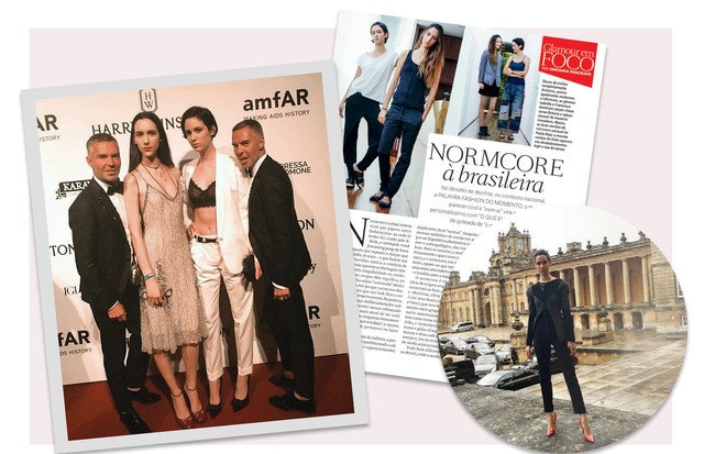 Dean e Dan, da Dsquared2, no amfAR de 2016, ao lado, as gêmeas na Vogue, em outubro de 2014 e Isabella no desfile cruise 2017 da Dior, na Inglaterra. (Foto: Reprodução Vogue Brasil/Outubro de 2014 e Reprodução/ Instagram)