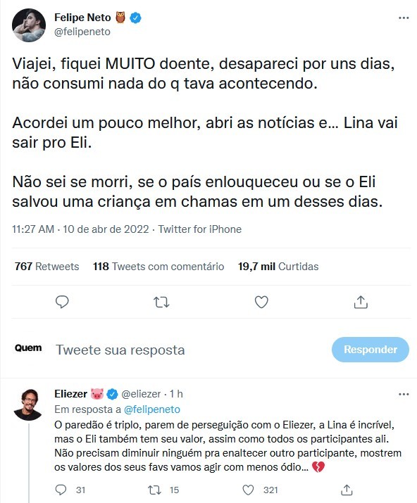 Felipe Neto réagit à l'éventuelle élimination de Lina du BBB (Photo : Reproduction/Twitter)